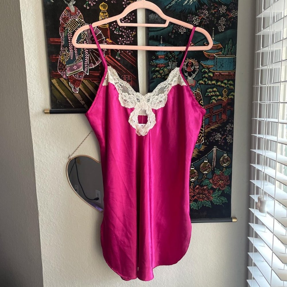 Vintage 80s 90s California Dynasty Hot Pink Lace Slip Dress Size XS/S